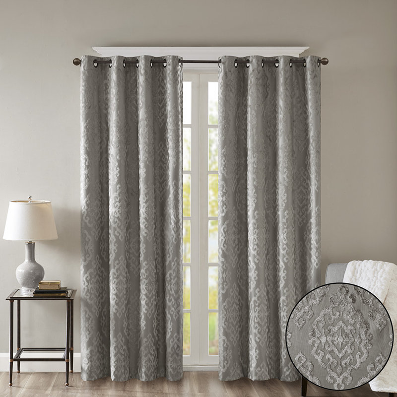 Rideau tricoté en jacquard damassé occultant avec œillets, Gris anthracite, L 50 po x L 95 po