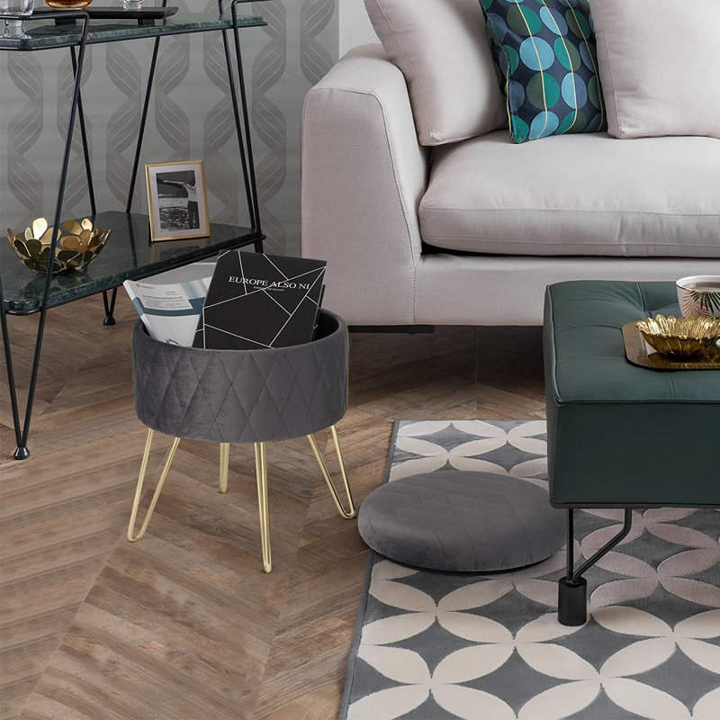 Berg 31.5Cm Velvet Round Storage Ottoman, Dark Grey