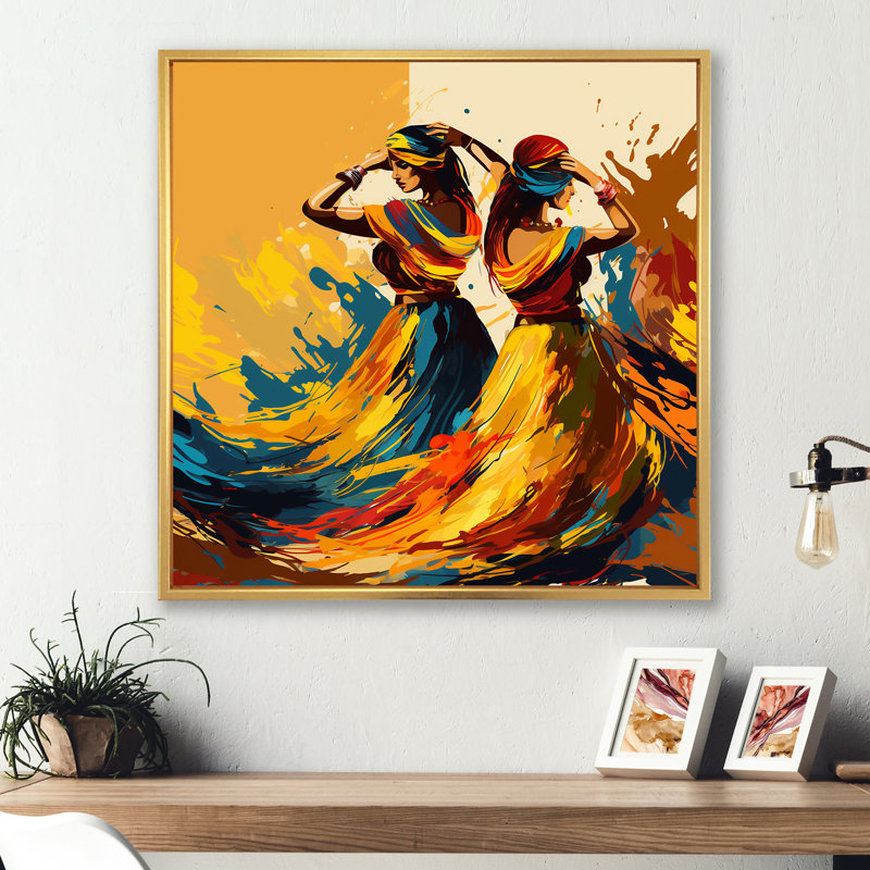 Art indien, punjabi bhangra - Art mural indien, Cadre flottant doré, H 36 po x l 36 po x P 1,5 po
