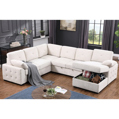 Lit convertible en L intégré avec rangement, 5 chenilles beiges pour les soirées cinéma et les invités, deux coussins décoratifs inclus avec coin de rangement, 5 sièges en chenille, idéal
