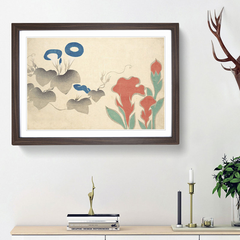 Morning Glory Flowers by Ogata Korin - Picture Frame Painting Print, 36cm H x 48cm W x 2cm D, Walnut Framed