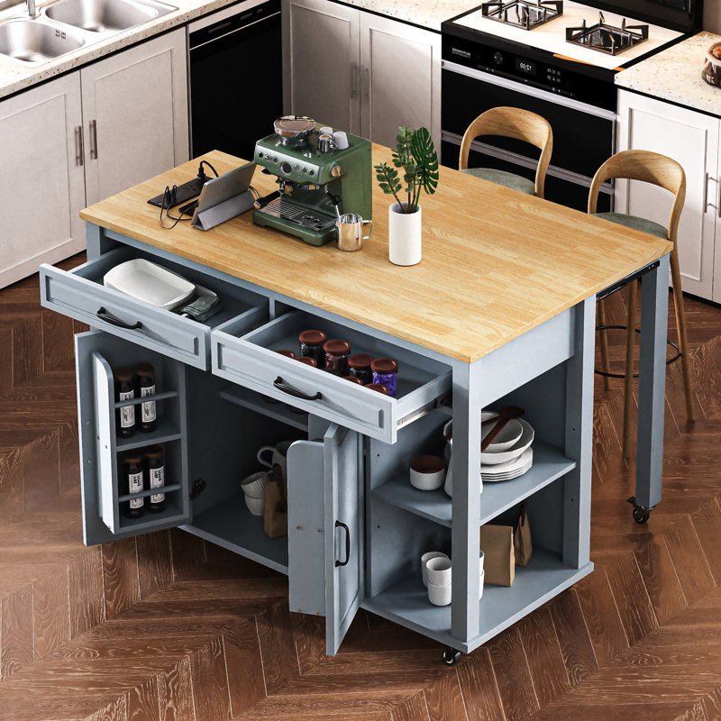 Îlot de cuisine 47 pouces avec table de salle à manger extensible, Blue