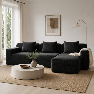 Canapé modulaire modulaire à 3 places en forme de L sans os, canapé modulaire Cloud avec assise profonde, canapé modulaire moderne à 3 places avec coussins décoratifs et 1 repose-pieds mobile, tissu en velours côtelé