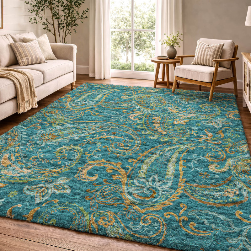 Tapis cachemire de qualité supérieure lavable à la machine ADS533, Teal, 5 pi x 7 pi 6 po