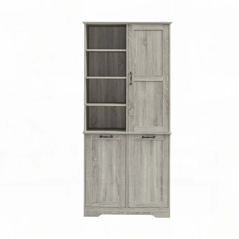 Armoire de rangement de salle de bain avec portes et tiroirs, panier à linge inclinable, plusieurs espaces de rangement