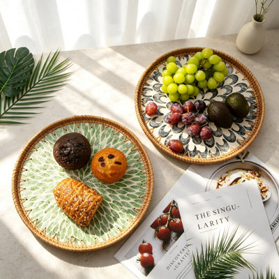Round Rattan Tray with Mother of Pearl Inlay, Wooden Base Decorative Wicker Serving Tray for Coffee Table Patio Decor