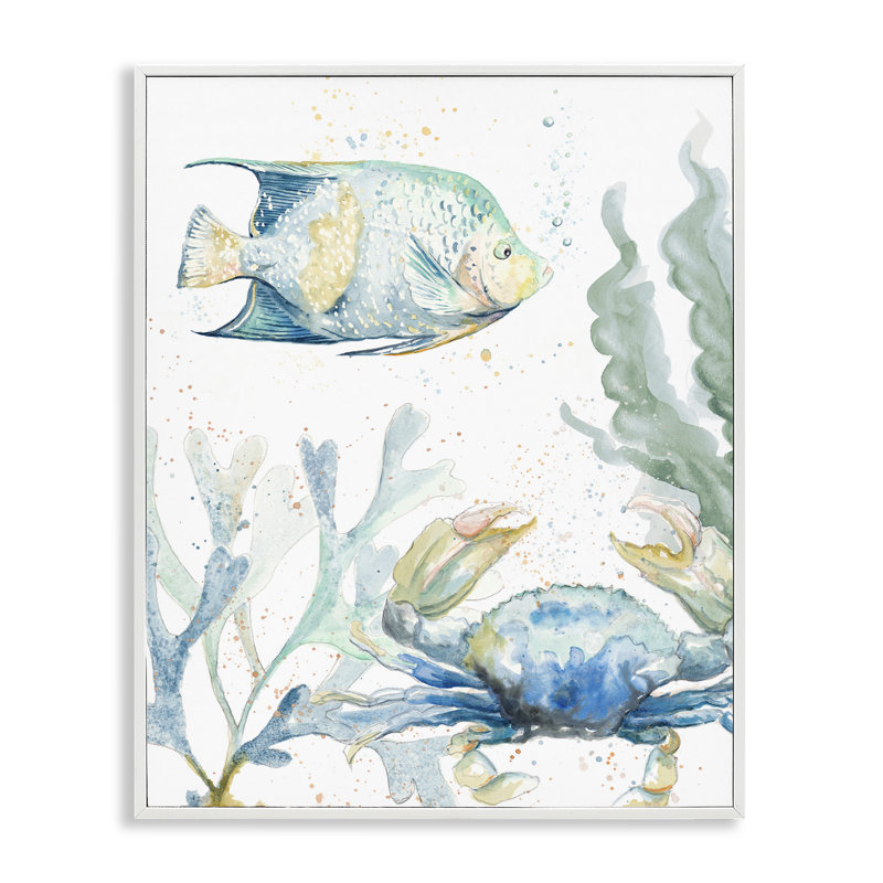 Scène de crabe et de poisson, estampe numérique par Patricia Pinto, Giclée encadrée blanc bord de mer, H 30 po x l 24 po