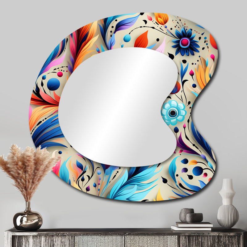 Fishburn éclectique nomade Boho motif - grand miroir de forme irrégulière cachemire, miroir mural décoratif asymétrique glam, impression d'art en métal