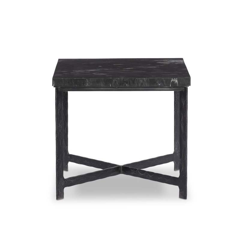 Hammered Iron End Table-White Marble, Charcoal Marble Top/Hammered Black Iron Base