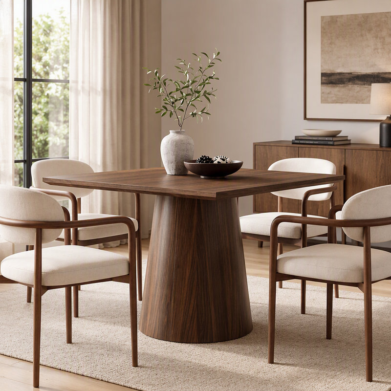 Table de salle à manger carrée de 80 cm (31,5 po) pour 2 à 4 personnes, style moderne du milieu du siècle, avec pied central.