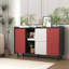 Buffet noir avec portes rouges - 2 tiroirs, style de panneau unique, 2 compartiments de rangement ouverts, armoire d'appoint moderne avec bar à café-76890825