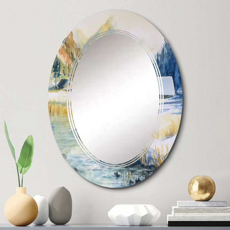 Paysage avec montagne bleue et rivière - miroir mural traditionnel ovale, 30 po x 20 po