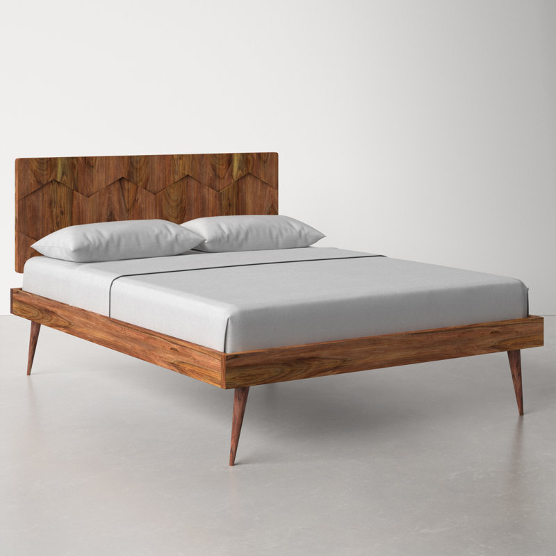 Queen Sheesham Wood Platform Bed with Geometric Headboard