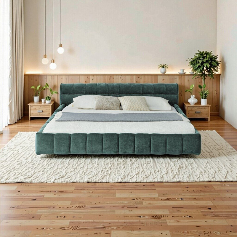 Elegant California King Upholstered Bed Frame with Chenille Fabric – Modern Platform Bed, No Box Spring Needed – Blue Green
