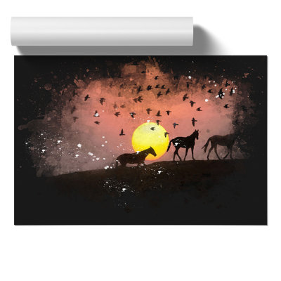 Birds And Horses At Sunset - No Frame Print