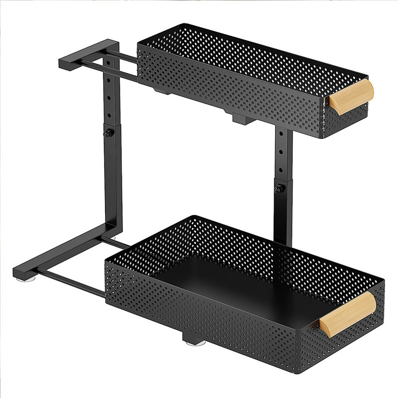2-Layer Carbon Steel Kitchen Sink Rack Cabinet Push-Pull Drawer Seasoning Bottle Layered Storage Shelf Bathroom Organizer
