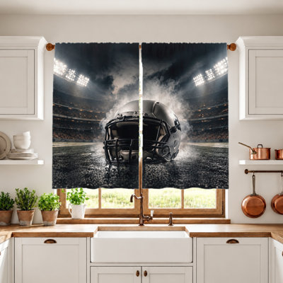 2Pcs American football helmet stadium curtains, light filtering fabric, dramatic sports arena print, sunshade and privacy protection, rod-pocket design, suitable for living room, bedroom, teen, man cave home decoration