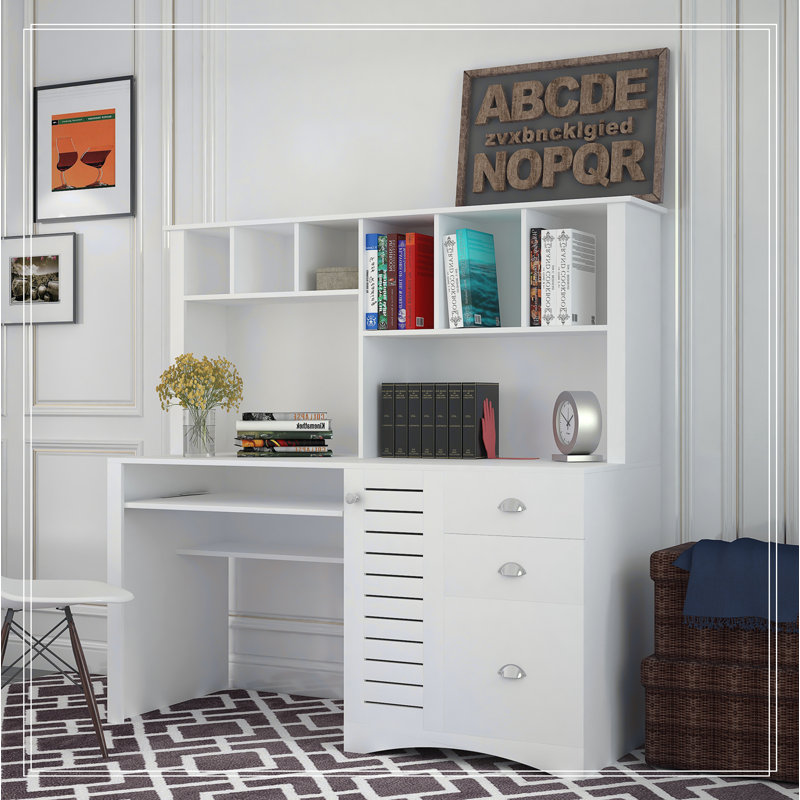 Bureau en L avec huche Melaniece, Blanc incorrect, H 57,68 po x l 59,06 po x P 23,62 po