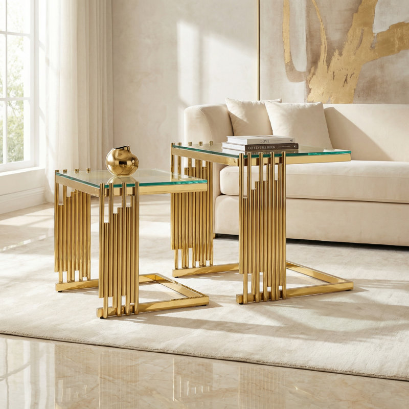 Ensemble de 2 tables basses dorées, plateau en verre trempé avec structure en acier inoxydable 201, table basse d'appoint moderne pour la chambre à coucher du salon