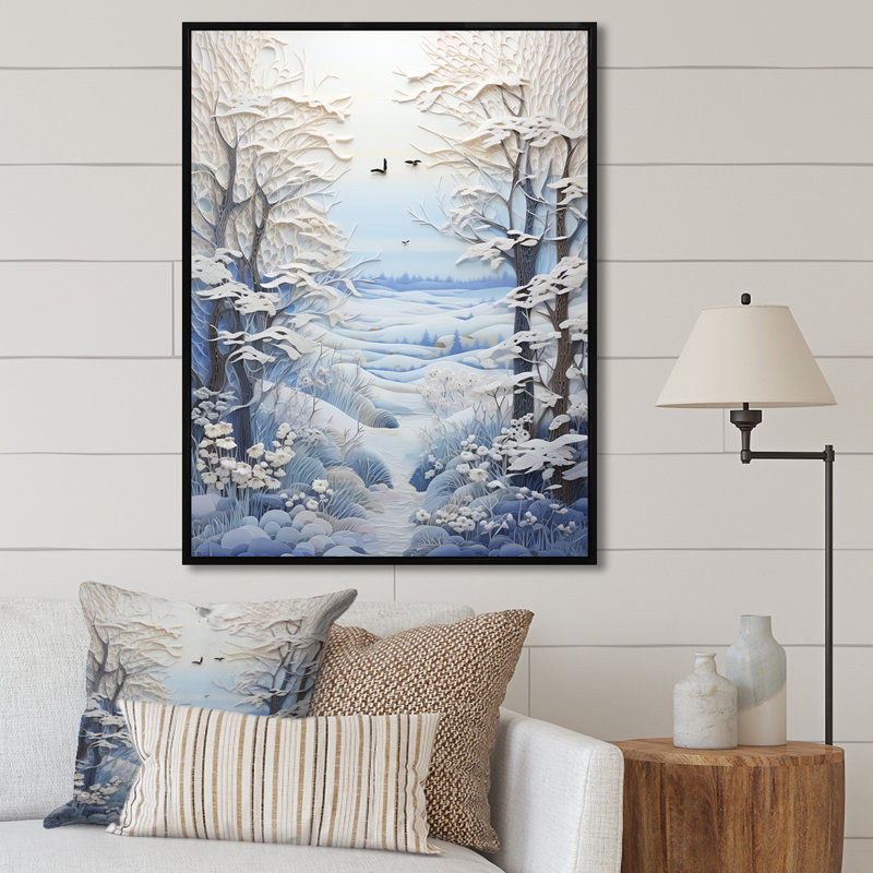 «White Winter Landscape Collage II», art mural paysage d'hiver, White Picture Framed, 44" H x 34" W