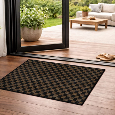 Checkered Dark Gray/Natural Easy-Care Jute-Style Indoor/Outdoor Flat Woven Area Rug