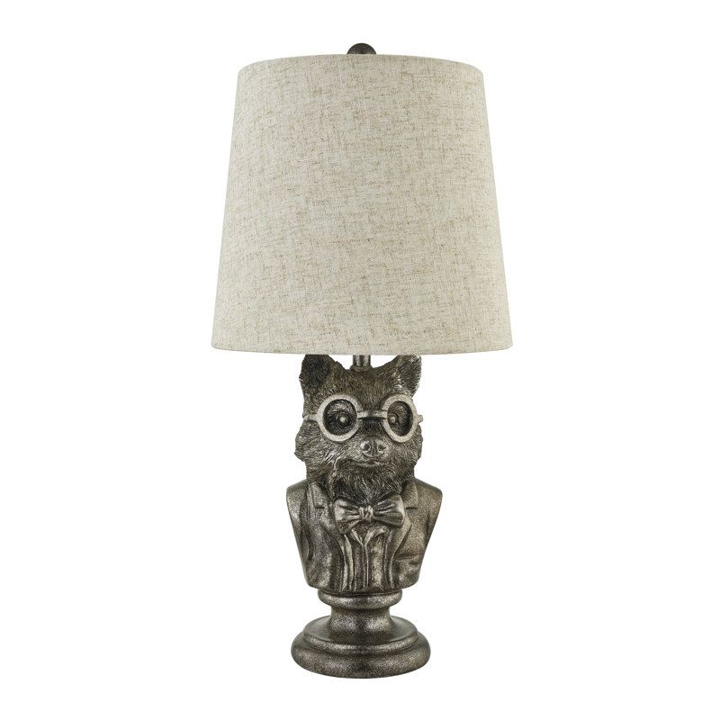 20" Bronze Resin Racoon Bust Table Lamp With Linen Shade, Tan, Brown