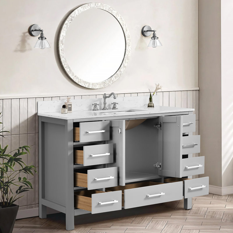 Meuble-lavabo sur pied 48 po, meuble-lavabo autoportant avec comptoir, armoire de rangement en bois massif gris