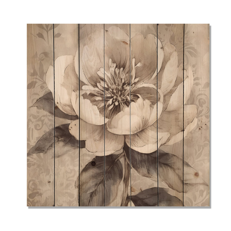 Grey Peonies On Branch I - Floral Peony Print on Natural Pine Wood, H 15 po x l 15 po x P 0,78 po
