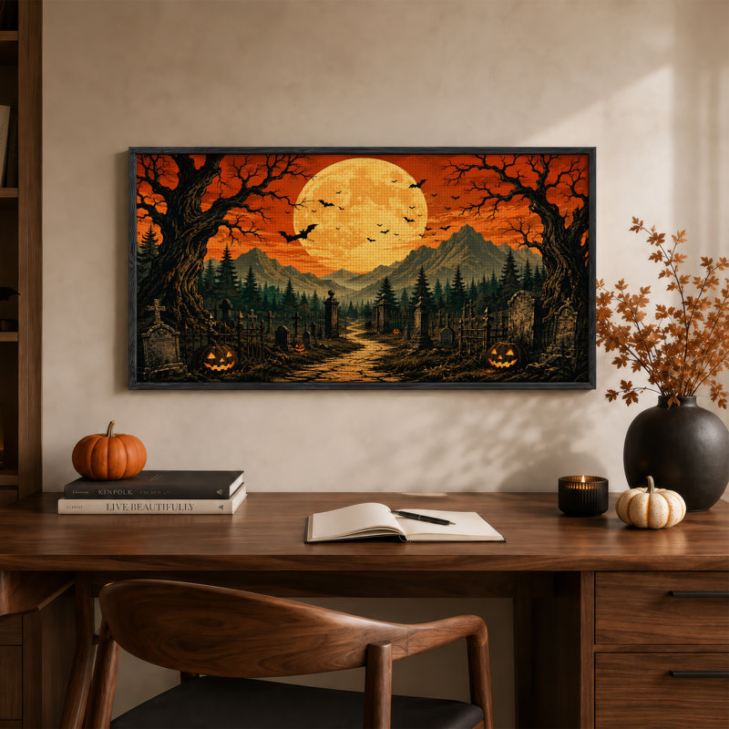 Toile au clair de lune avec citrouilles incandescentes et art mural d'Halloween, 40“W x 20”H