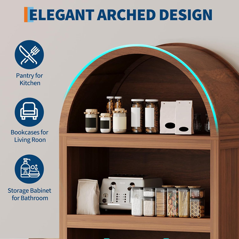 71" Arched Storage Cabinet Bookcase, 5-Tier Wood Bookcase with Doors & Adjustable Shelf, Open Display Organizer for Kitchen, Living Room, Office