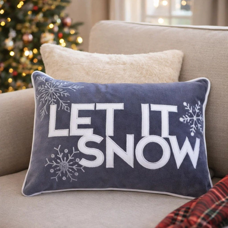 Coussin lombaire foncé Jiny, Let It Snow - broderie de velours blanc 14 x 20, Gris / Blanc