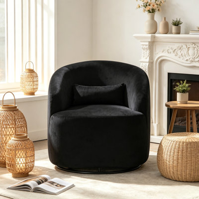 360° Swivel Barrel Accent Chair, Black Velvet Upholstered Curved Armchair, Fully Assembled – No Assembly Needed, Contemporary Leisure Chair for Living Room Bedroom Office
