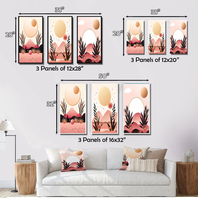 «Boho Dreams Abstract Landscape In Vintage Pink», 3 pièces sur toile, Cadre flottant noir, H 20 po x l 36 po