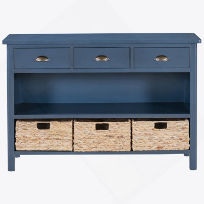 Vintage-Style Console Table With Drawers And Water Hyacinth Woven Baskets, A Versatile Piece For Multiple Home Areas