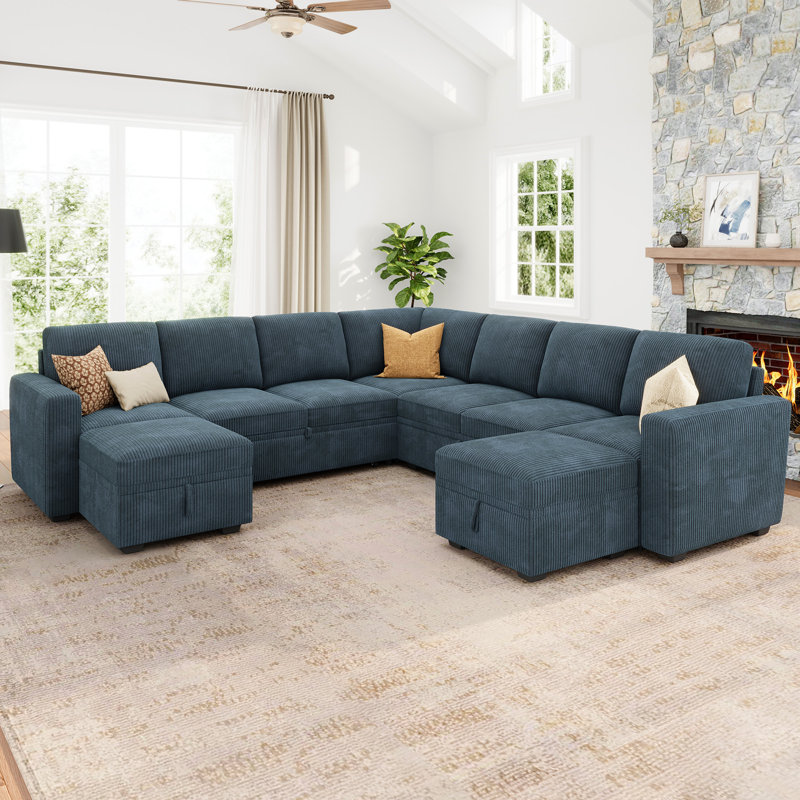 Caren Upholstered Sleeper Sectional Modular Sofa Bed With Ottoman, Blue Corduroy