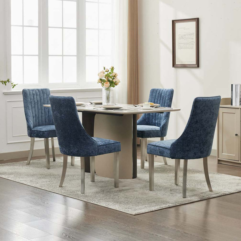 Chaises de salle à manger en chenille avec pieds en acier inoxydable, Bleu
