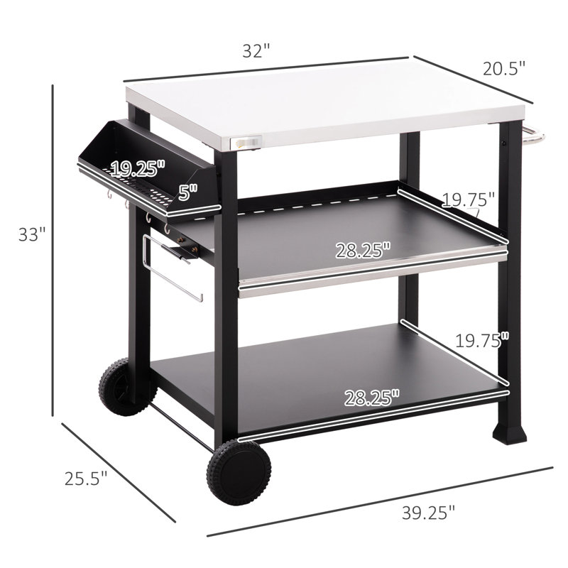Chariot de cuisine extérieur mobile, table en acier inoxydable, 100 cm (L) x 65 cm (l), avec crochets, îlot de cuisine noir, plateau, capacité de charge du plateau : 30 kg.