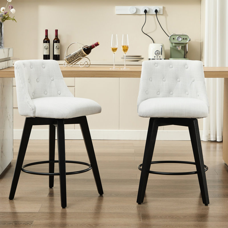 25" Swivel Bar Stools Of 2 - Modern Counter Height With Linen Fabric Upholstery & Button Back. Solid Wood Frame, 360 Silent Swivel. Adjustable Leveling Feet For Uneven Ground. White Kitchen Island,