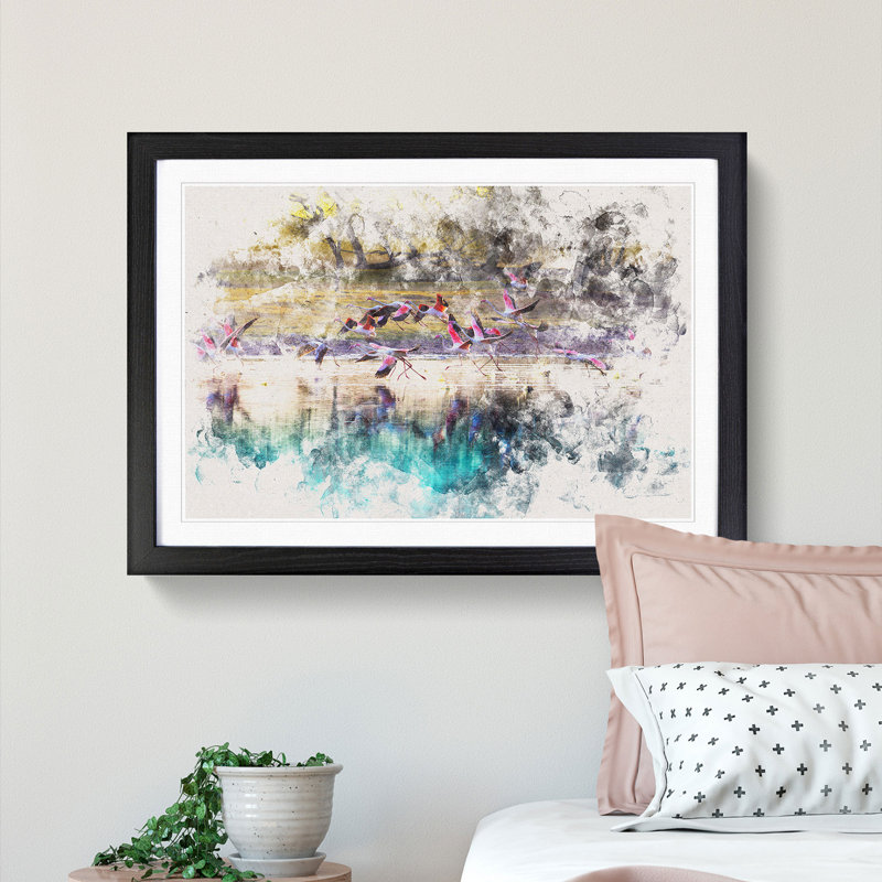 Flamingos Taking Flight - Picture Frame Painting Print, Black Framed, 36cm H x 48cm W x 2cm D