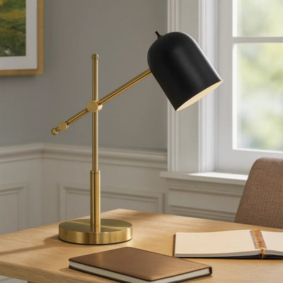 Table Desk Lamp, Fixed Brass Arm, 19 Inch, Gold Metal Frame, Black