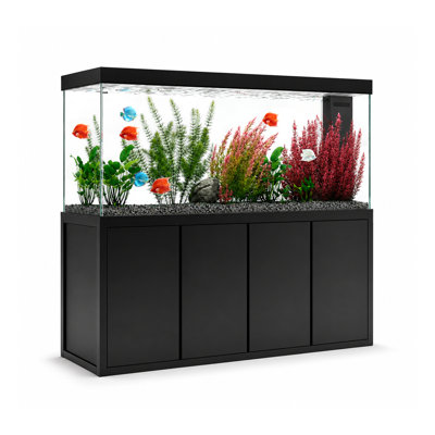  220 Gallon Freshwater Glass Aquarium with Aluminum Cabinet - All in One Fish Tank System with Sump Filtration Integrated Plumbing and LED Lighting in Black