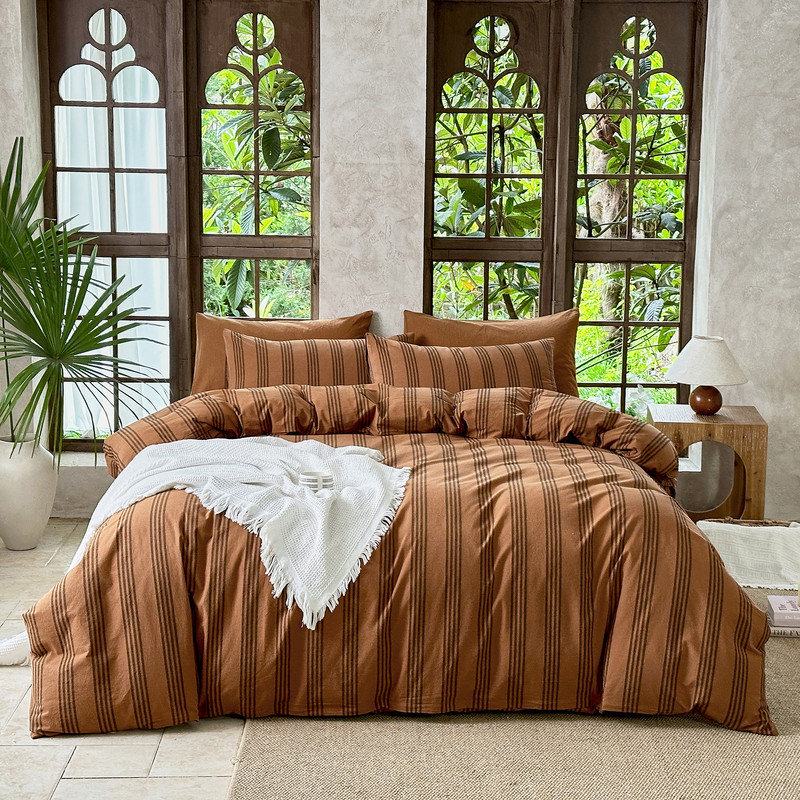 DONEUS Striped Duvet Cover Set 100% Washed Cotton Linen Like Soft Feelling 3 Pieces Bedding Set, Burnt Orange/Black