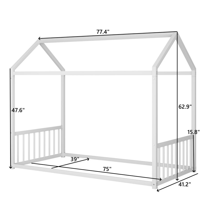 Metal Canopy Bed Floor House Bed, Twin, White