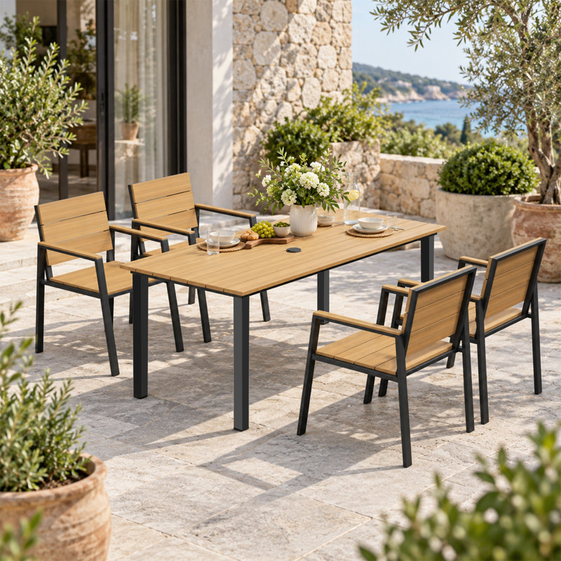 Ensemble repas de patio 5 pièces avec trou pour parasol, Jaune, 4