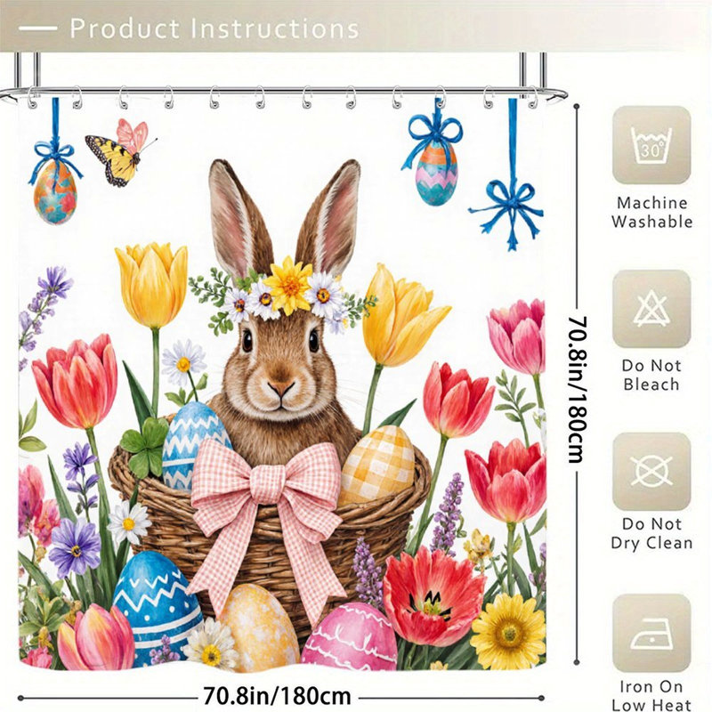 Rideau de douche Pâques dans un panier pour salle de bain, 71 po x 71 po, Lapin brun 2