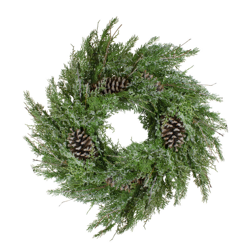Couronne de Noël artificielle givrée en cèdre et pomme de pin non éclairée 26 pouces