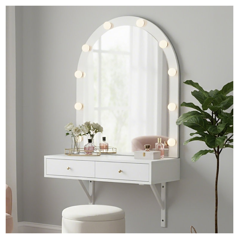 Coiffeuse murale suspendue avec miroir DEL et prise électrique, table de toilette en bois d'ingénierie blanc avec tiroirs de rangement