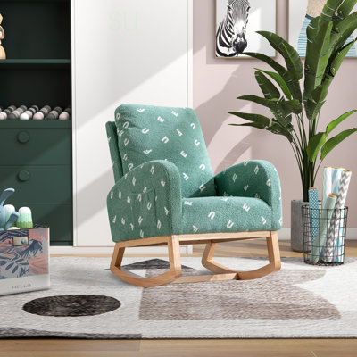 26.8"W Modern Rocking Chair For Nursery, Mid Century Accent Rocker Armchair With Side Pocket, Upholstered High Back Wooden Rocking Chair For Living Room Baby Kids Room Bedroom