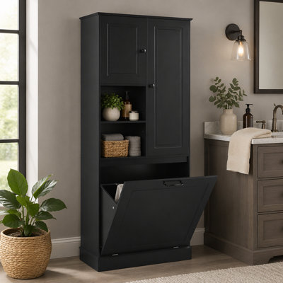 Tall Storage Cabinet With Adjustable Shelves, Large Flip-Out Basket & Enclosed Cabinets – For Bathroom, Living Room, Or Office, MDF Material With Aluminum Alloy Handles