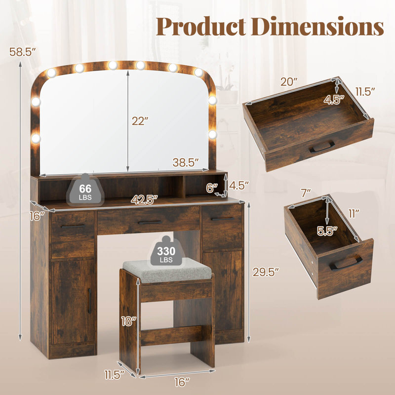 Vanity Desk Makeup Table with with Stool Large Mirror 3-Color Lights for Bedroom Brown, Brown